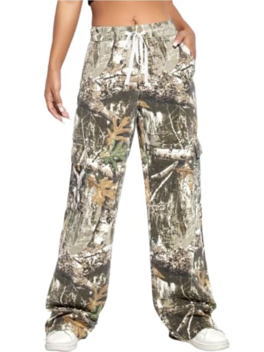 High Waisted Wide Leg Camo Cargo Pants Elastic Waist Cotton